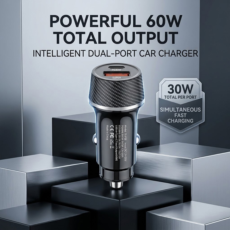 Usb C Hub - Schnelles Autoladegerät 60W Dual-Port-Adapter PD30W Typ