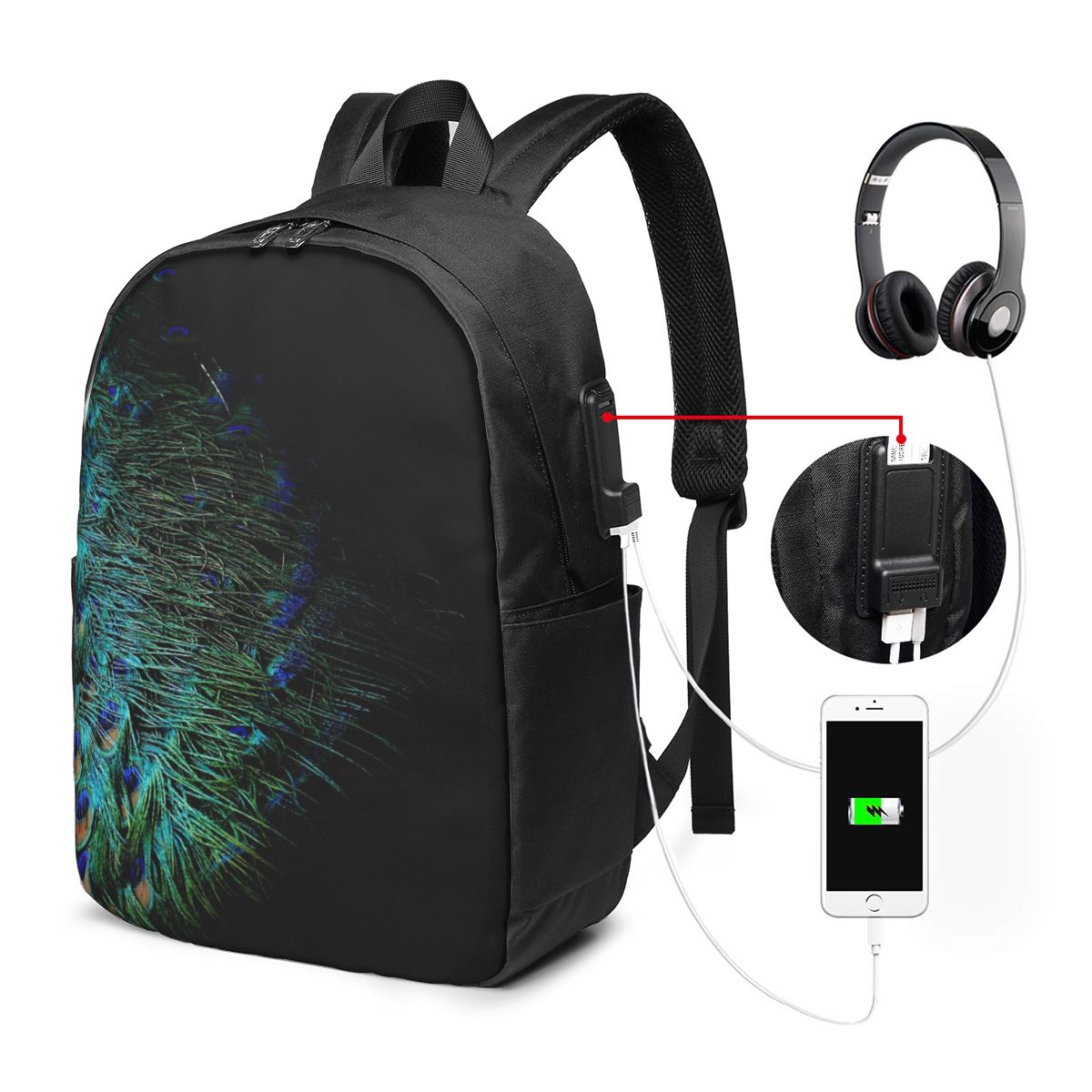 Pfauenfedern auf schwarzem Hin – Laptop Bag Bewertung und Preis